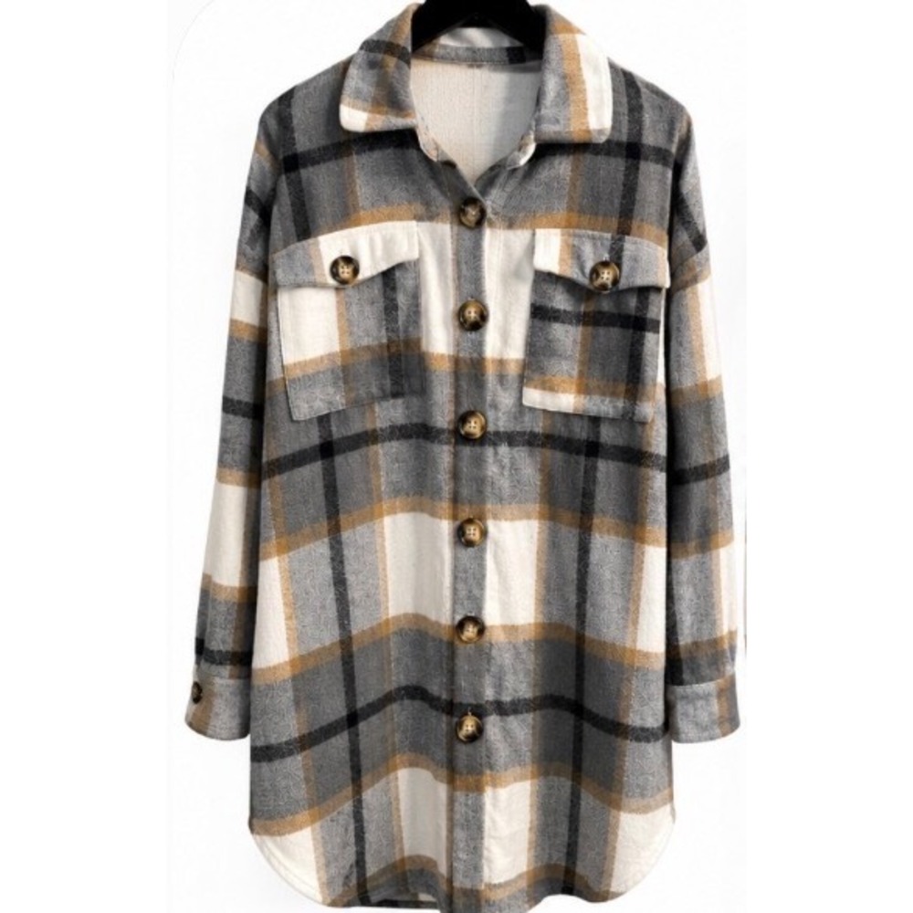 Unbranded Plaid Shacket Women Grey Tan White Button Up Long Jacket Coat Large